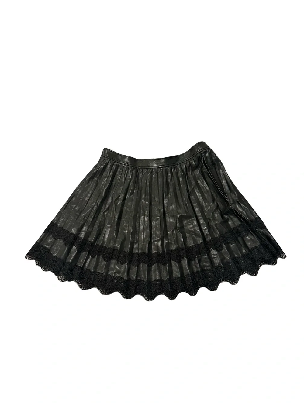 NWT Cinq a Sept Women's Size 14 Black Pleated Vegan Leather with Lace-Hem Skirt